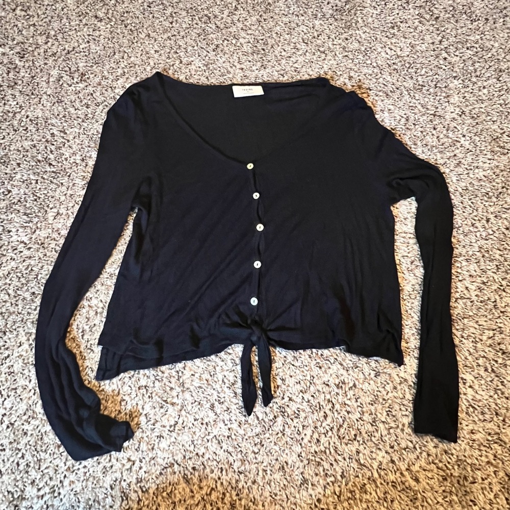 Ivoire Womens Black Ribbed Long‎ Sleeve Tie Front Cropped Button Up Top Size L